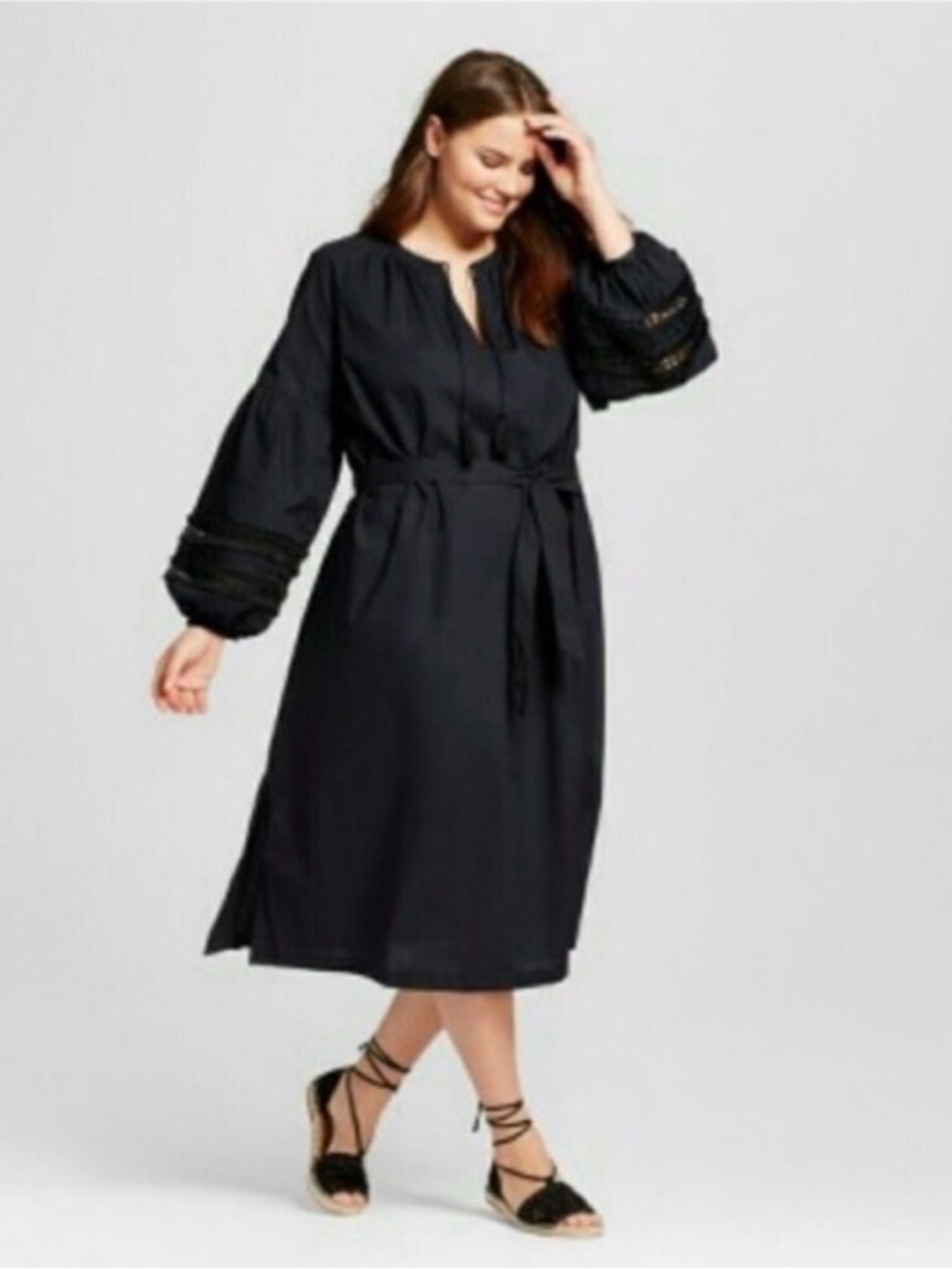 Who What Wear Black Long Sleeve Tie-Waist Midi Dress